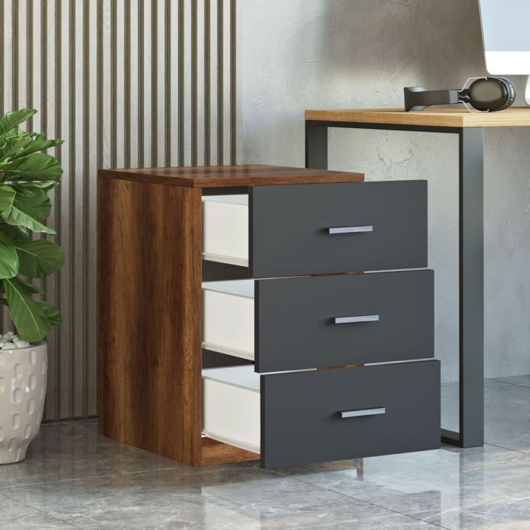Cassettiera Nero Antracite Marrone Noce 3 Cassetti Apertura Scorrevole 45x47x62h cm, Chiusura Scorrevole - Trecate