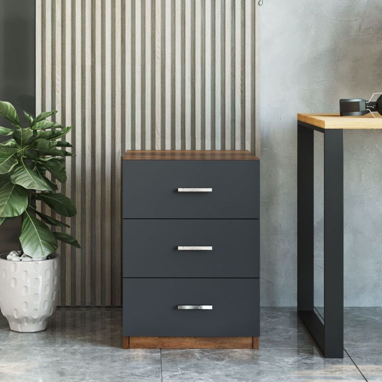 Cassettiera Nero Antracite Marrone Noce 3 Cassetti Apertura Scorrevole 45x47x62h cm, Chiusura Scorrevole - Trecate