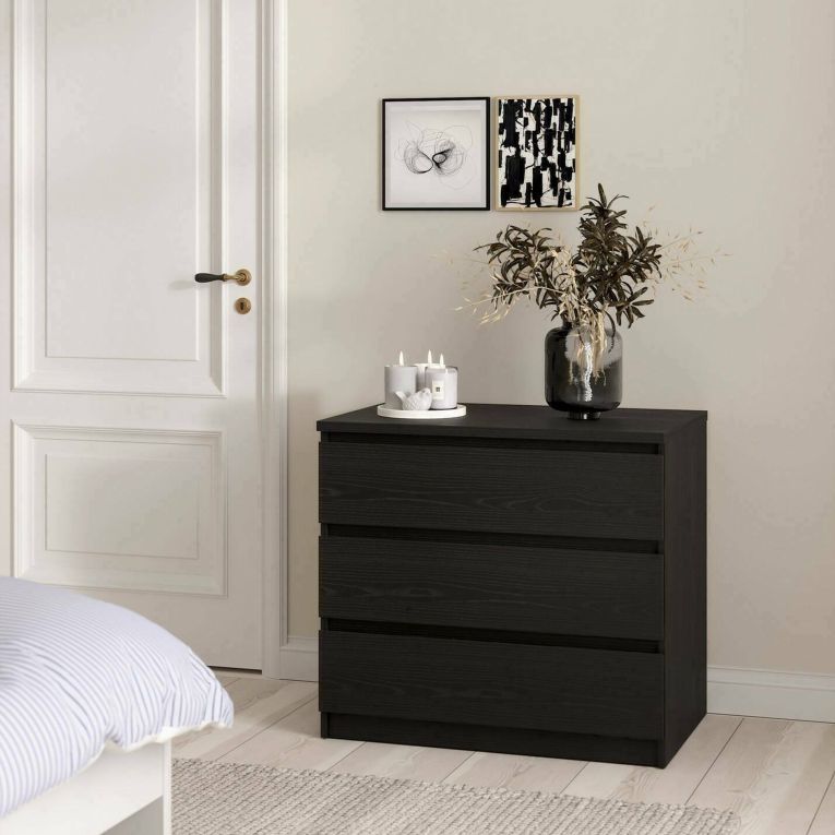 Cassettiera Nero Effetto Legno 3 Cassetti Apertura Scorrevole 77x50x68h cm, Chiusura Scorrevole - Kajiki