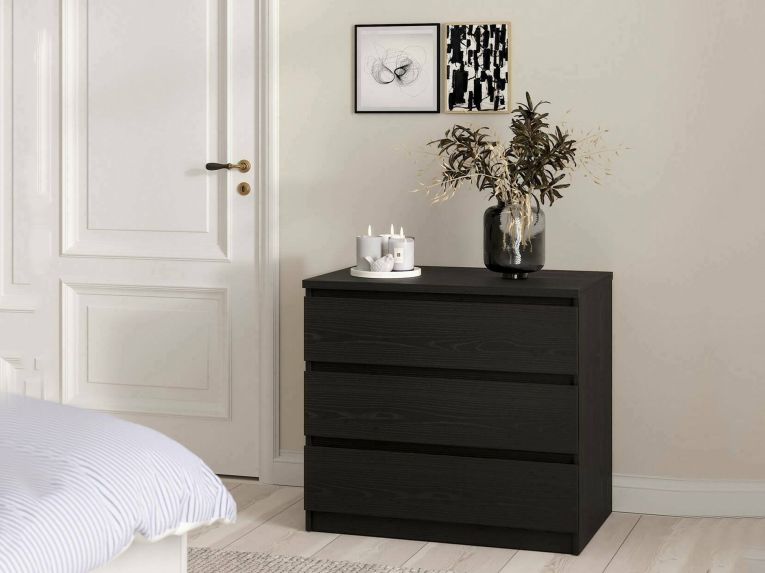 Cassettiera Nero Effetto Legno 3 Cassetti Apertura Scorrevole 77x50x68h cm, Chiusura Scorrevole - Kajiki