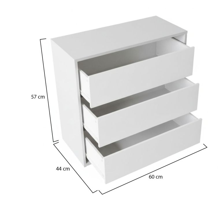 Cassettiera Newport, Settimanale a 3 cassetti, Mobile Comò basso per interno armadio, Settimanale moderno, 60x44h57 cm, Bianco