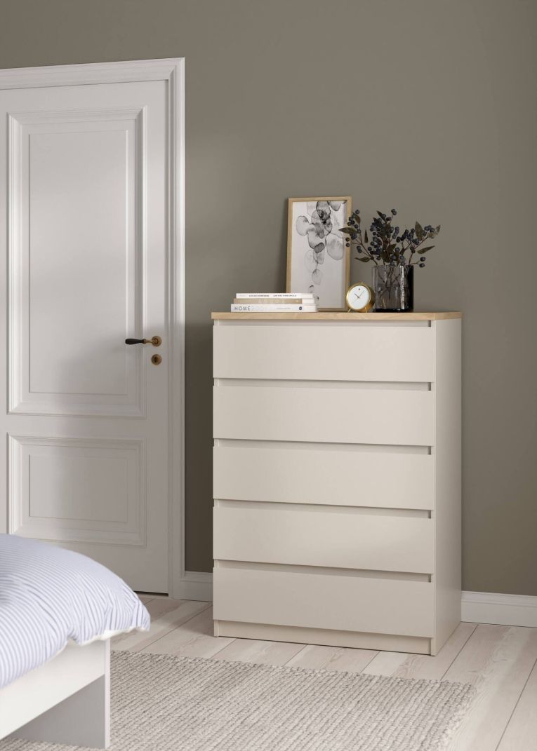 Cassettiera Piccilli, settimino multiuso con 5 cassetti, comò elegante per camera da letto, 77x50 h111 cm, Beige