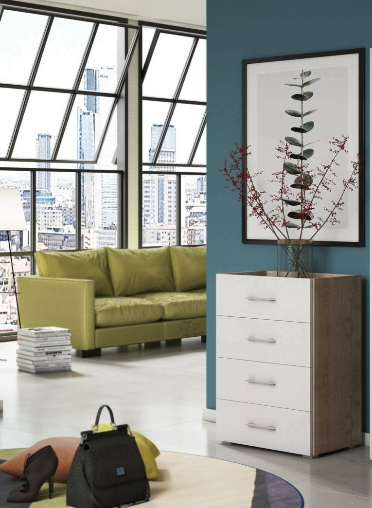 Cassettiera Primula, Settimanale a 4 cassetti per camera da letto, Mobiletto multiuso da ufficio o studio, 60x41h87 cm, Rovere e Bianco