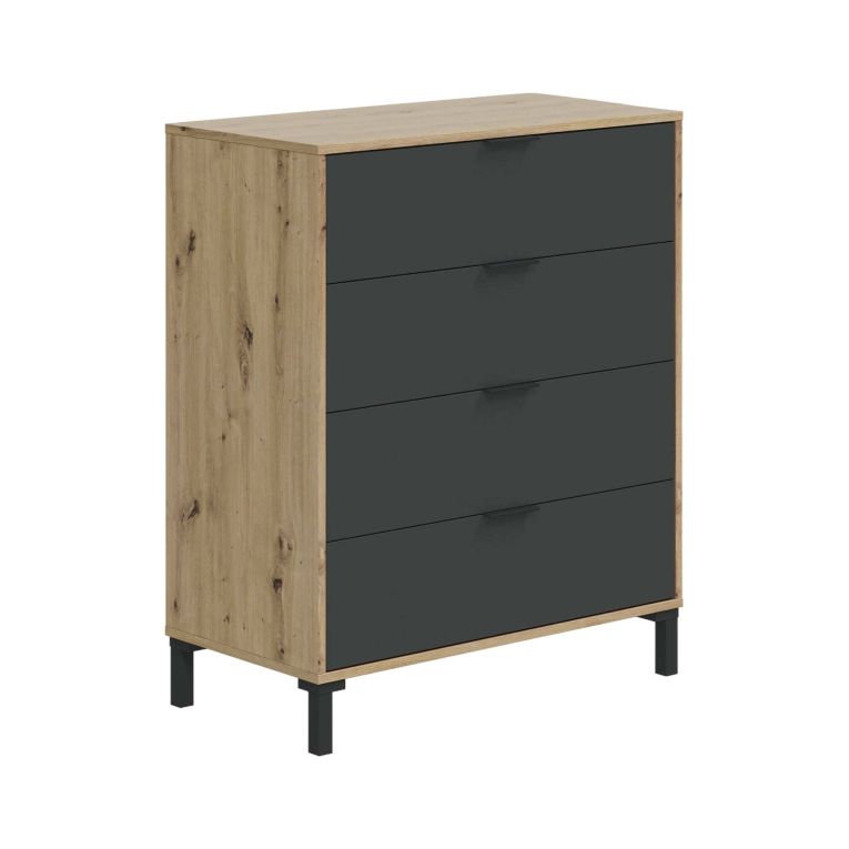 Cassettiera Rochester, Settimanale a 4 cassetti, Mobile Comò per camera da letto, Comò moderno, 76x40h94 cm, Rovere nodi e Antracite