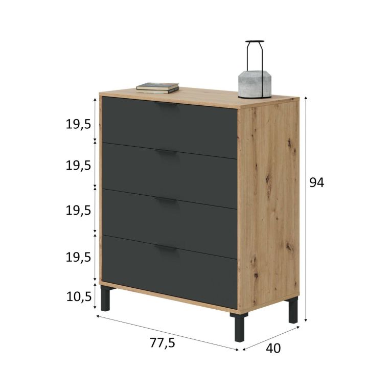 Cassettiera Rochester, Settimanale a 4 cassetti, Mobile Comò per camera da letto, Comò moderno, 76x40h94 cm, Rovere nodi e Antracite