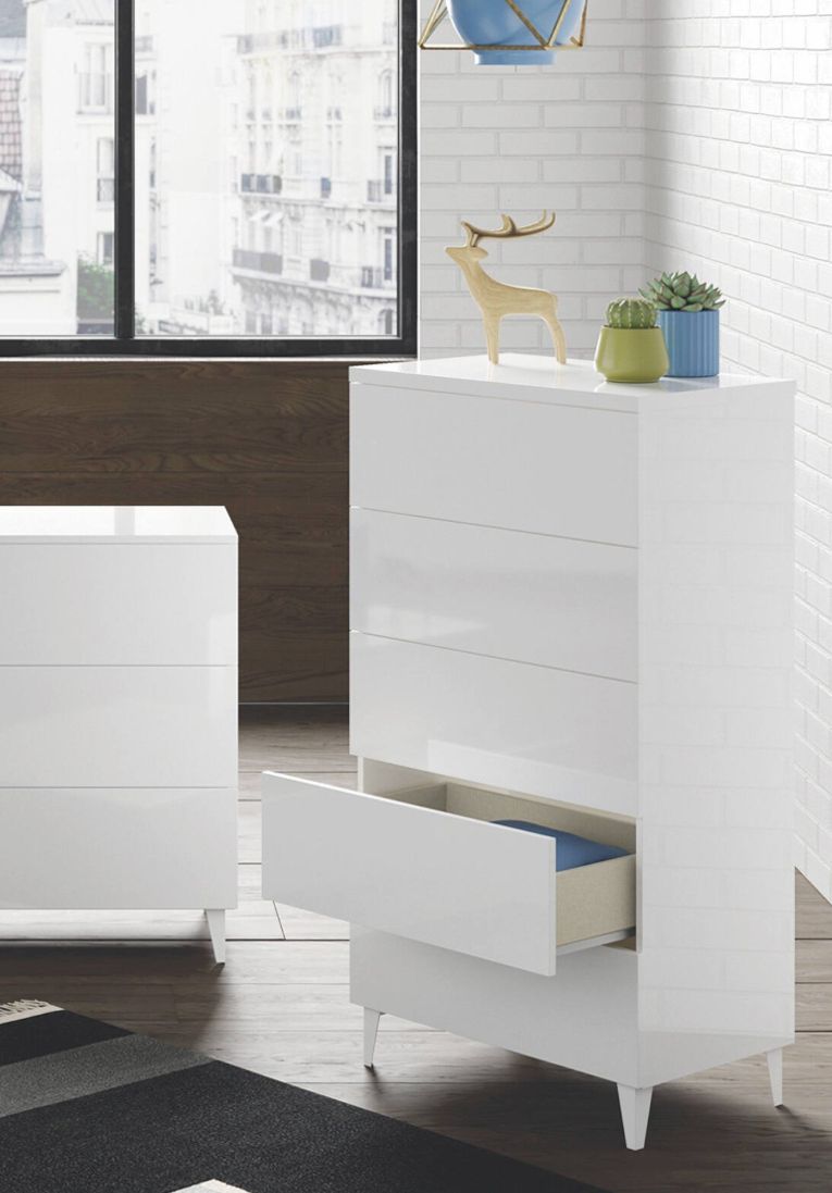Cassettiera Roseville, Settimanale a 5 cassetti, Mobile Comò per camera da letto, Settimanale moderno, 61x40h117 cm, Bianco