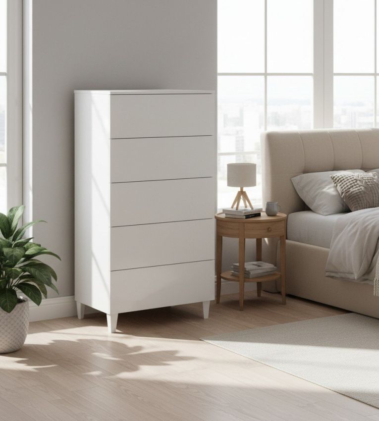 Cassettiera Roseville, Settimanale a 5 cassetti, Mobile Comò per camera da letto, Settimanale moderno, 61x40h117 cm, Bianco