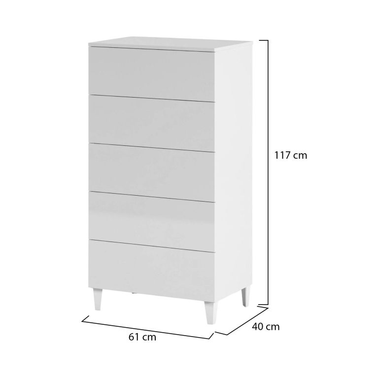 Cassettiera Roseville, Settimanale a 5 cassetti, Mobile Comò per camera da letto, Settimanale moderno, 61x40h117 cm, Bianco
