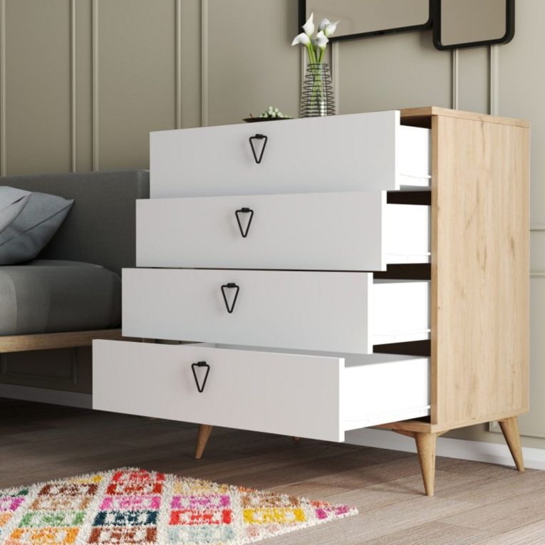Cassettiera Saphira, Settimino multiuso, Comò camera da letto, Mobile con cassetti, 80x45 h91 cm, Quercia e Bianco