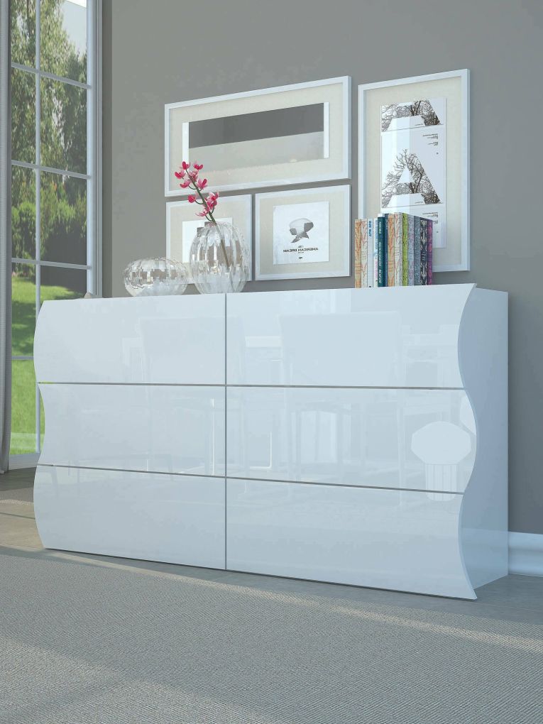 Cassettiera Tyler, Settimanale 6 cassetti, Comò per camera da letto, 100% Made in Italy, Bianco lucido, cm 155x40h82