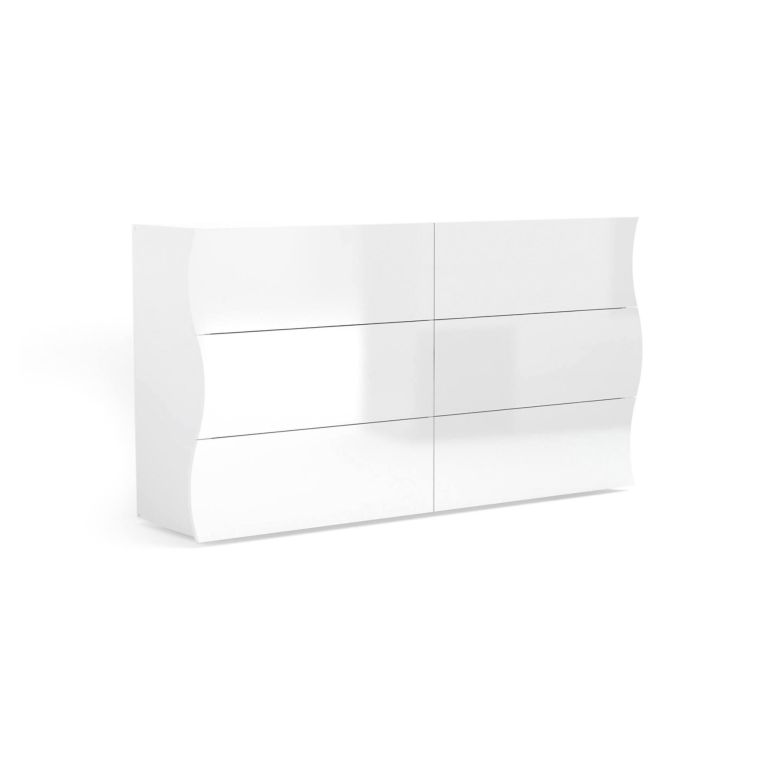 Cassettiera Tyler, Settimanale 6 cassetti, Comò per camera da letto, 100% Made in Italy, Bianco lucido, cm 155x40h82
