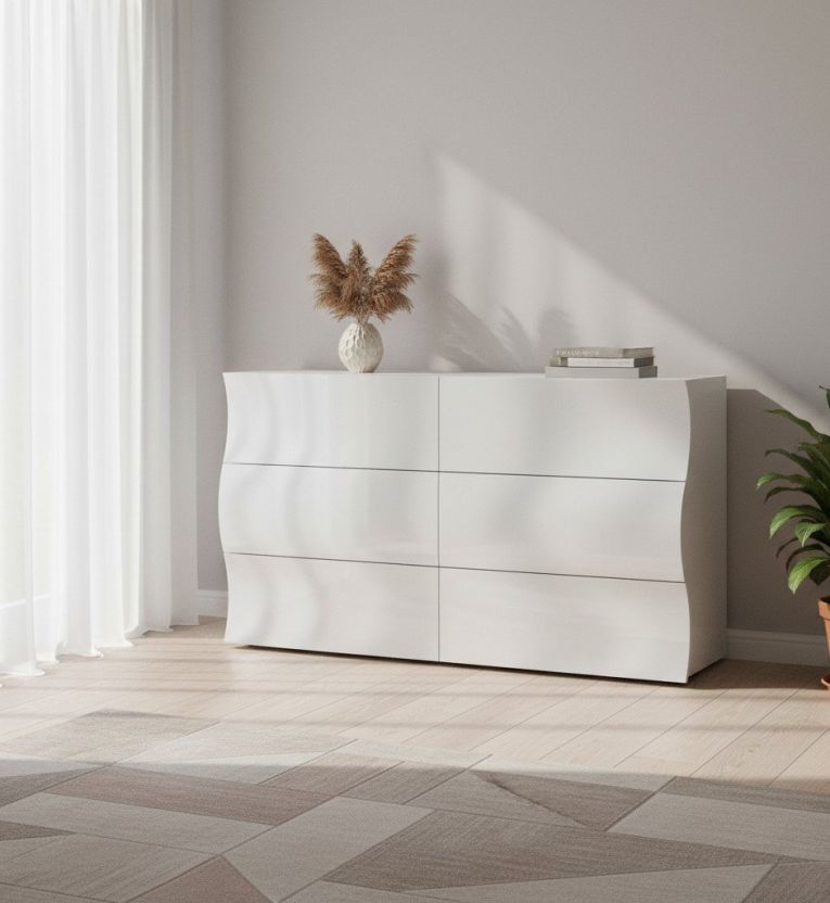 Cassettiera Tyler, Settimanale 6 cassetti, Comò per camera da letto, 100% Made in Italy, Bianco lucido, cm 155x40h82