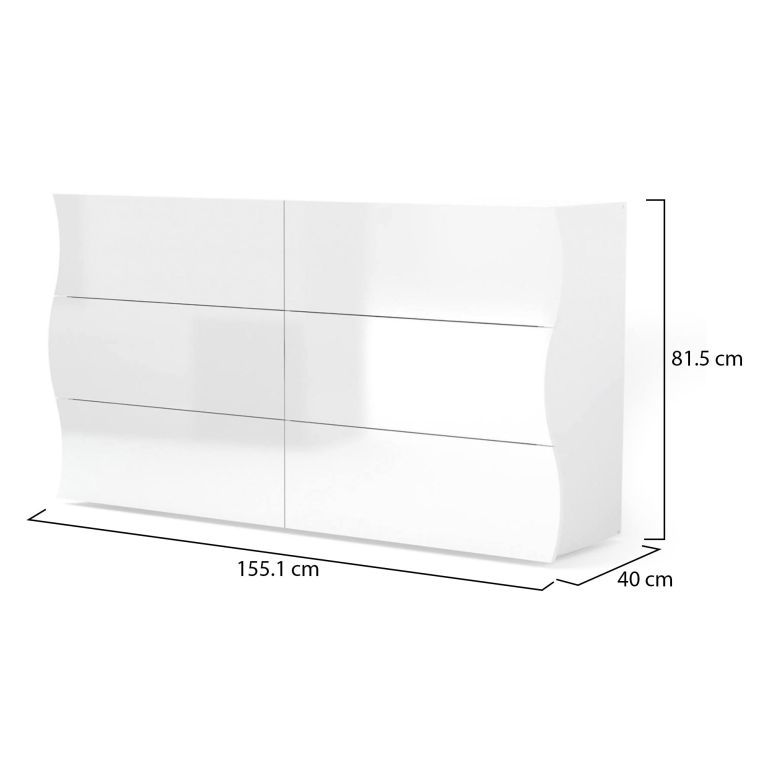 Cassettiera Tyler, Settimanale 6 cassetti, Comò per camera da letto, 100% Made in Italy, Bianco lucido, cm 155x40h82