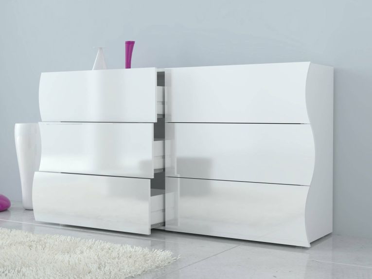 Cassettiera Tyler, Settimanale 6 cassetti, Comò per camera da letto, 100% Made in Italy, Bianco lucido, cm 155x40h82