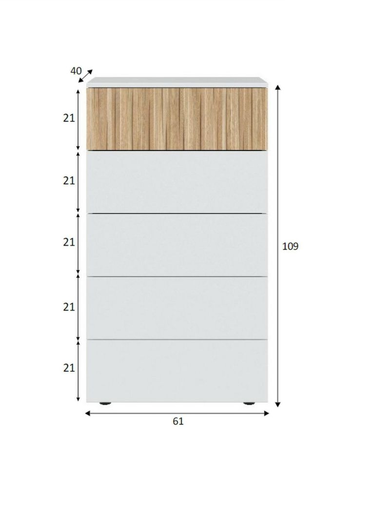 Cassettiera Wynne, Settimanale a 5 cassetti, Mobile Comò per camera da letto, Comò moderno, 61x40h109 cm, Bianco e Rovere