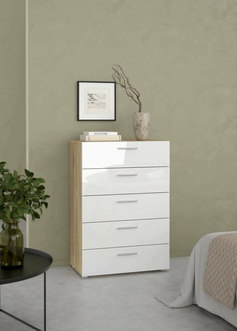 Cassettiera Yolande, Settimino multiuso, Comò camera da letto, Mobile con cassetti, 70x40 h102 cm, Quercia e Bianco