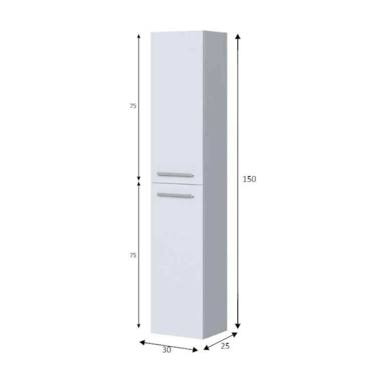 Colonna bagno Alexandria, Mobile a colonna per bagno a 2 ante, Armadio pensile sospeso con 2 ripiani, 30x25h150 cm, Bianco lucido