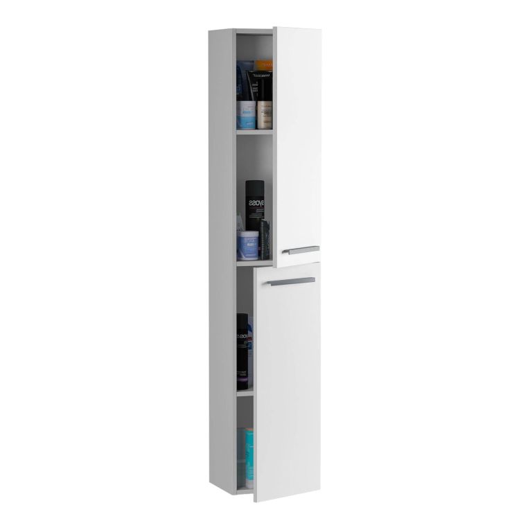 Colonna bagno Alexandria, Mobile a colonna per bagno a 2 ante, Armadio pensile sospeso con 2 ripiani, 30x25h150 cm, Bianco lucido