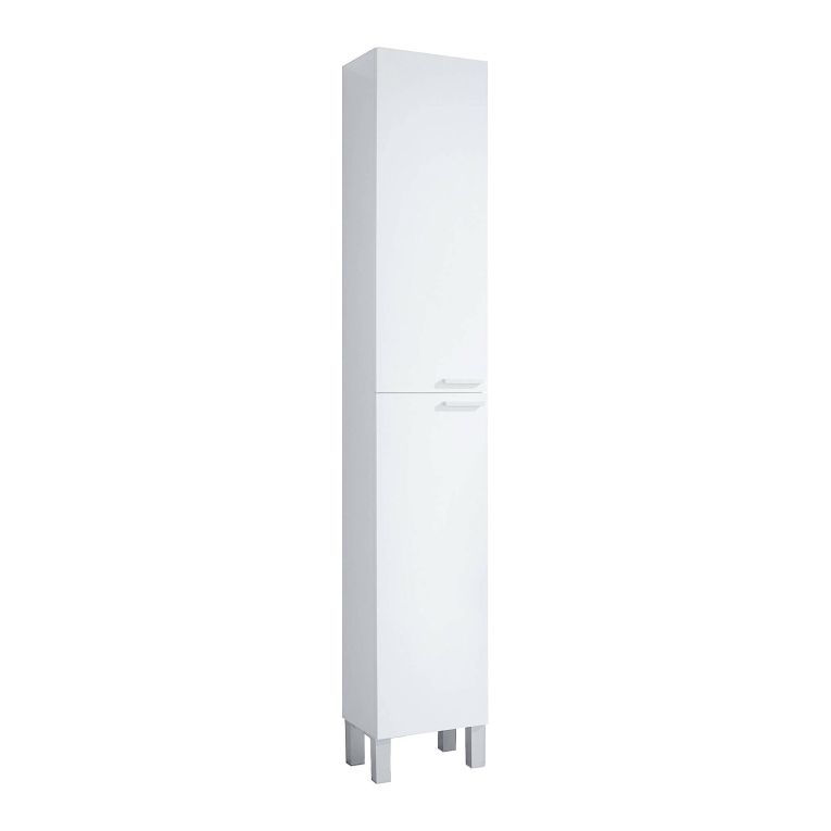 Colonna bagno Hollywood, Mobile a colonna per bagno a 2 ante, Armadio pensile con 2 ripiani, 30x25h182 cm, Bianco lucido