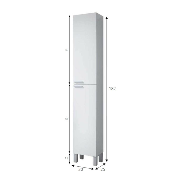 Colonna bagno Hollywood, Mobile a colonna per bagno a 2 ante, Armadio pensile con 2 ripiani, 30x25h182 cm, Bianco lucido
