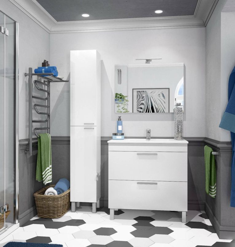 Colonna bagno Hollywood, Mobile a colonna per bagno a 2 ante, Armadio pensile con 2 ripiani, 30x25h182 cm, Bianco lucido