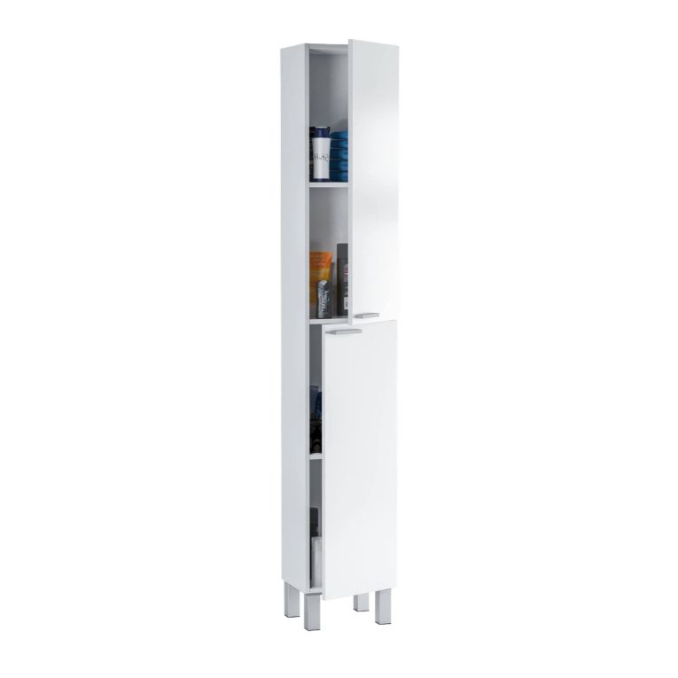 Colonna bagno Hollywood, Mobile a colonna per bagno a 2 ante, Armadio pensile con 2 ripiani, 30x25h182 cm, Bianco lucido