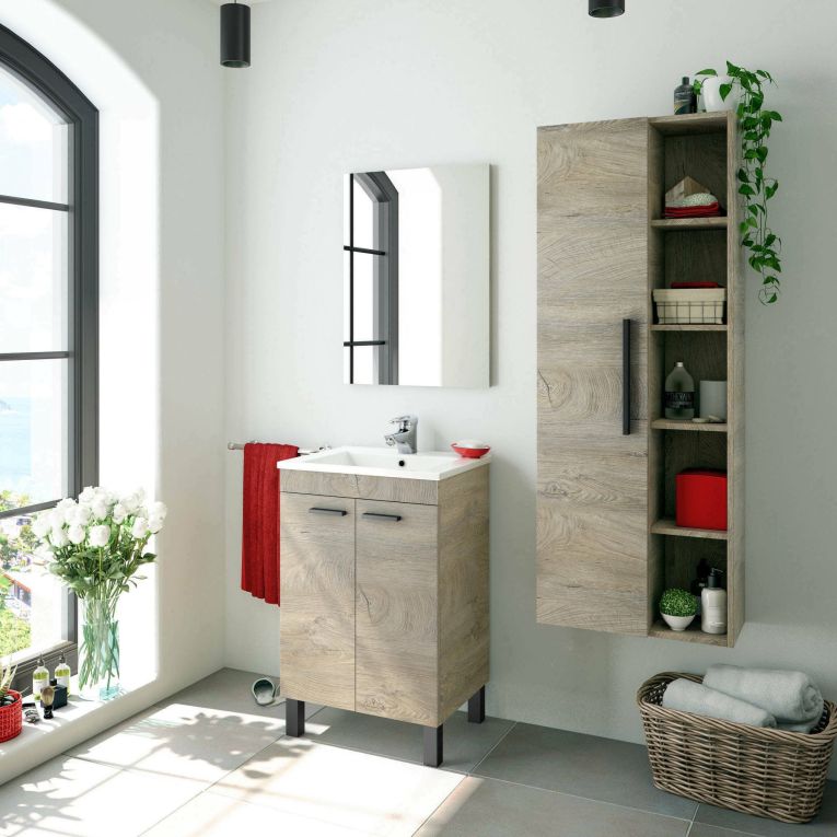 Colonna bagno LosAngeles, Mobile a colonna per bagno a 1 anta, Armadio pensile sospeso con 5 ripiani, 51x25h135 cm, Rovere