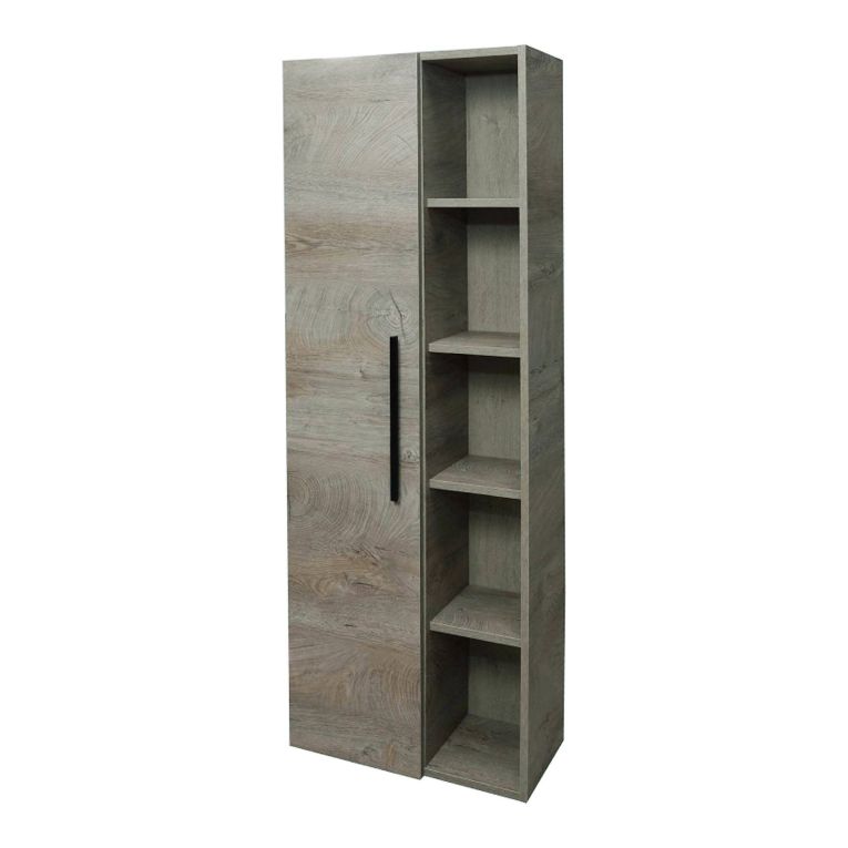 Colonna bagno LosAngeles, Mobile a colonna per bagno a 1 anta, Armadio pensile sospeso con 5 ripiani, 51x25h135 cm, Rovere