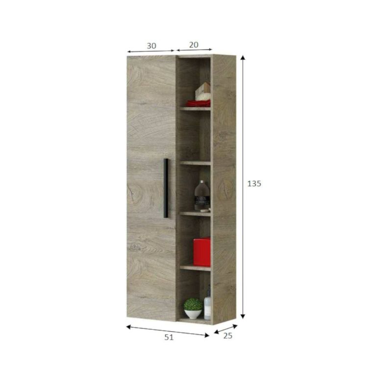 Colonna bagno LosAngeles, Mobile a colonna per bagno a 1 anta, Armadio pensile sospeso con 5 ripiani, 51x25h135 cm, Rovere