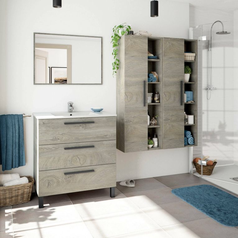 Colonna bagno LosAngeles, Mobile a colonna per bagno a 1 anta, Armadio pensile sospeso con 5 ripiani, 51x25h135 cm, Rovere