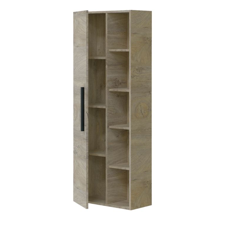 Colonna bagno LosAngeles, Mobile a colonna per bagno a 1 anta, Armadio pensile sospeso con 5 ripiani, 51x25h135 cm, Rovere