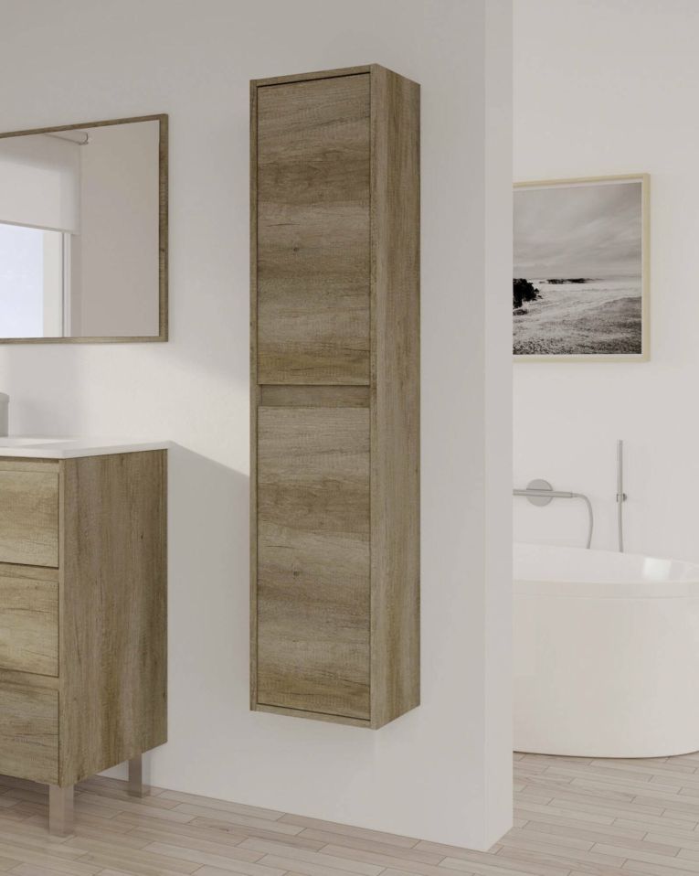 Colonna bagno Salinas, Mobile a colonna per bagno a 2 ante, Armadio pensile sospeso, Mobiletto multiuso moderno, 30x26h140 cm, Quercia
