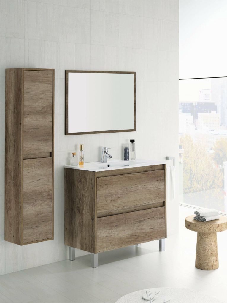 Colonna bagno Salinas, Mobile a colonna per bagno a 2 ante, Armadio pensile sospeso, Mobiletto multiuso moderno, 30x26h140 cm, Quercia