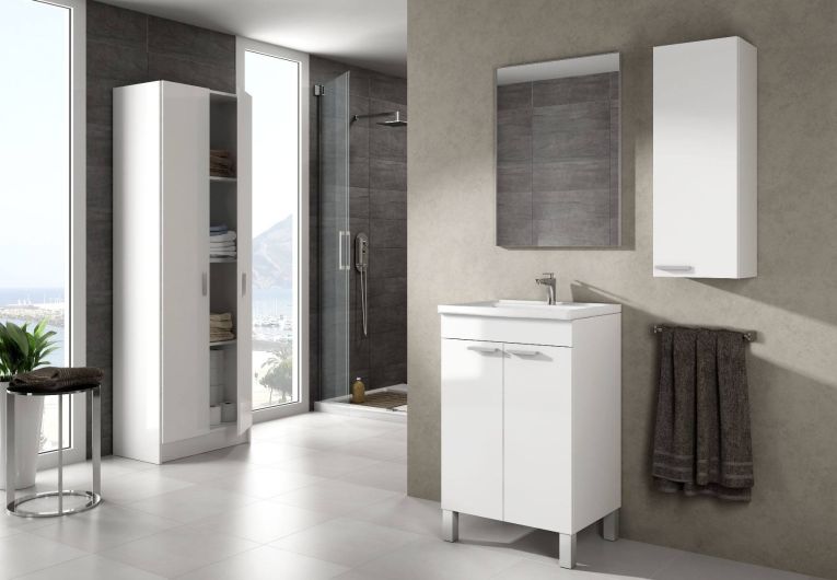Colonna bagno Torrance, Mobile a colonna per bagno a 1 anta, Armadio pensile sospeso con 1 ripiano, 30x25h85 cm, Bianco lucido