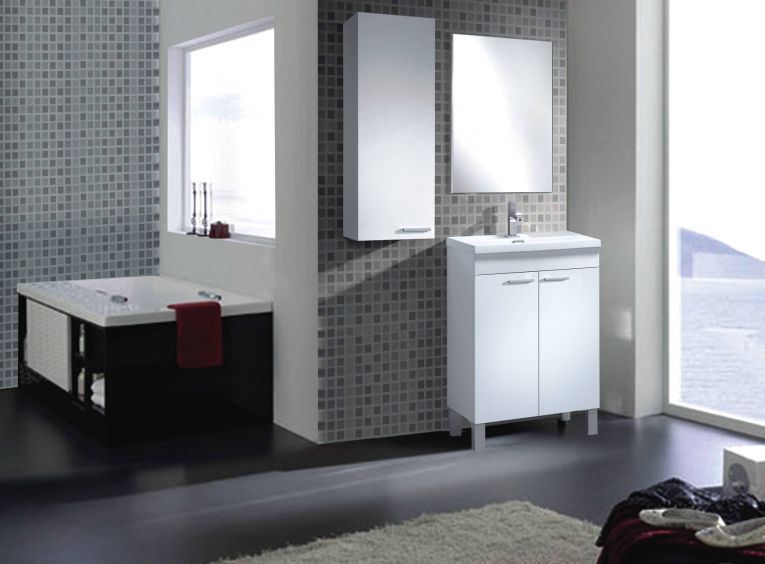Colonna bagno Torrance, Mobile a colonna per bagno a 1 anta, Armadio pensile sospeso con 1 ripiano, 30x25h85 cm, Bianco lucido