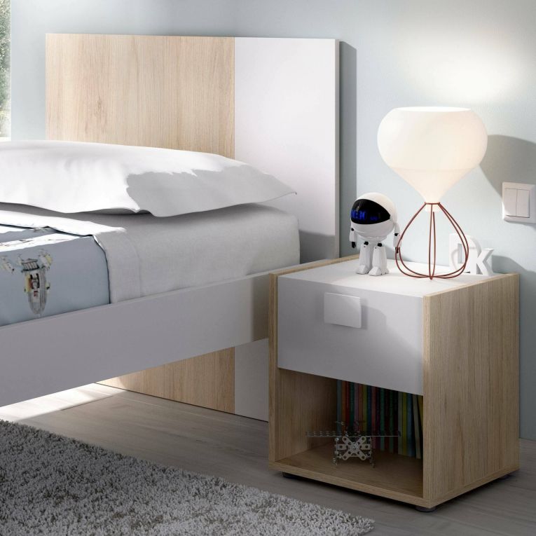 Comodino 1 cassetto bianco e rovere 40x33x42h cm - Artica