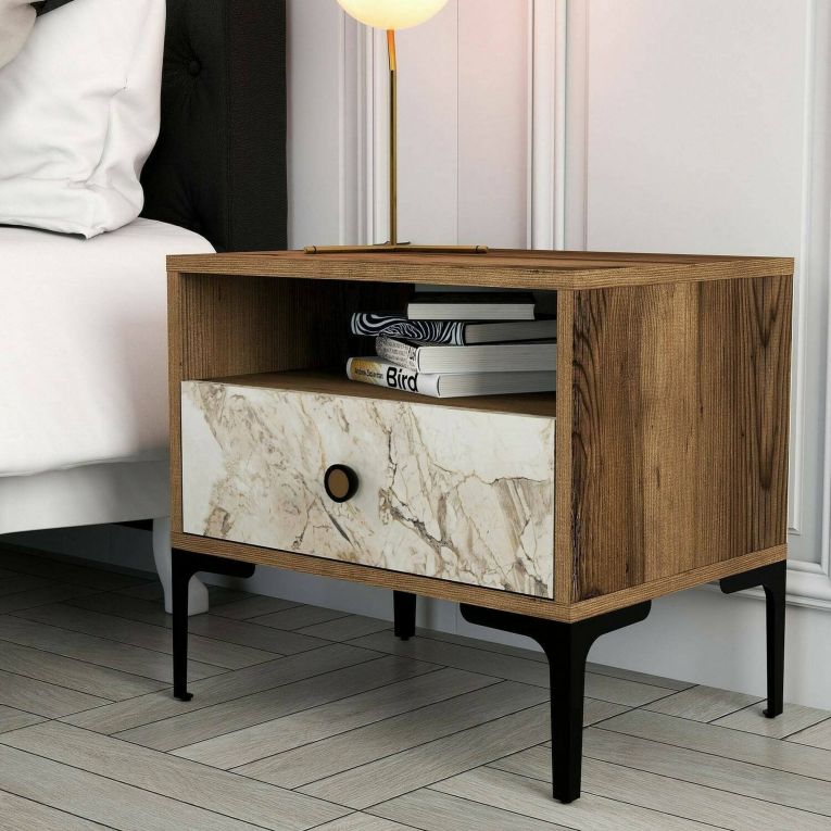 Comodino 1 cassetto noce e bianco marmo 56x40x50h cm - Editta