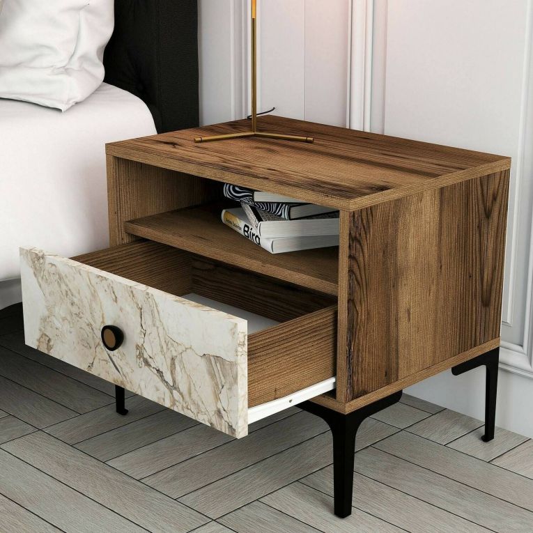 Comodino 1 cassetto noce e bianco marmo 56x40x50h cm - Editta
