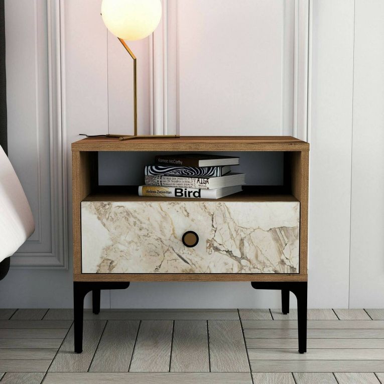 Comodino 1 cassetto noce e bianco marmo 56x40x50h cm - Editta