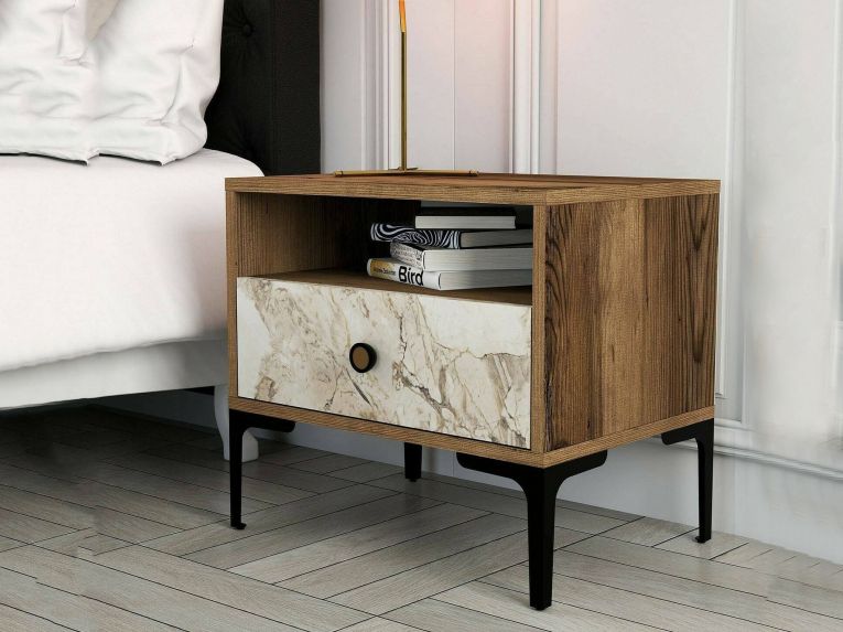 Comodino 1 cassetto noce e bianco marmo 56x40x50h cm - Editta