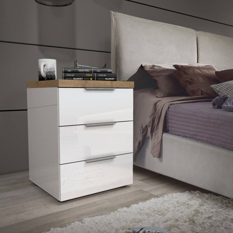 Comodino 1 ripiano bianco lucido e rovere 45x43x55h cm - Aucuba