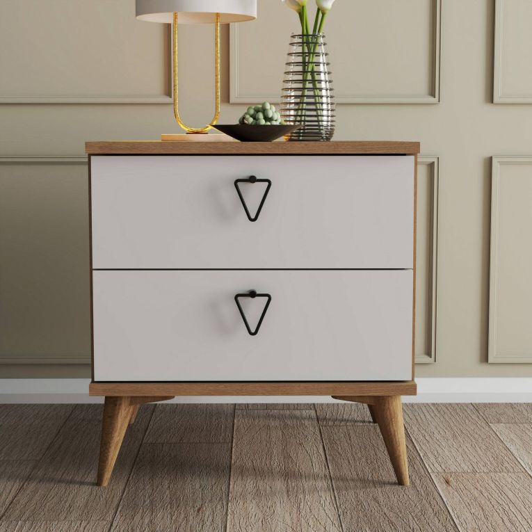 Comodino 2 cassetti quercia e bianco 52x45x55h cm - Pilar