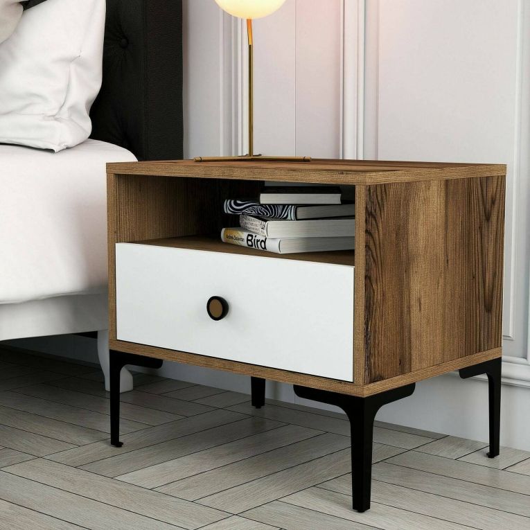 Comodino 2 ripiani noce e bianco 56x40x50h cm - Editta