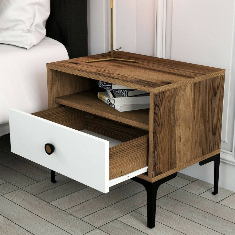 Comodino 2 ripiani noce e bianco 56x40x50h cm - Editta