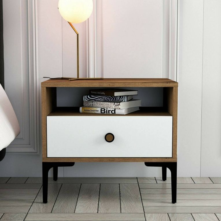 Comodino 2 ripiani noce e bianco 56x40x50h cm - Editta