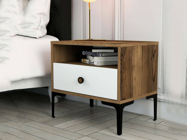 Comodino 2 ripiani noce e bianco 56x40x50h cm - Editta