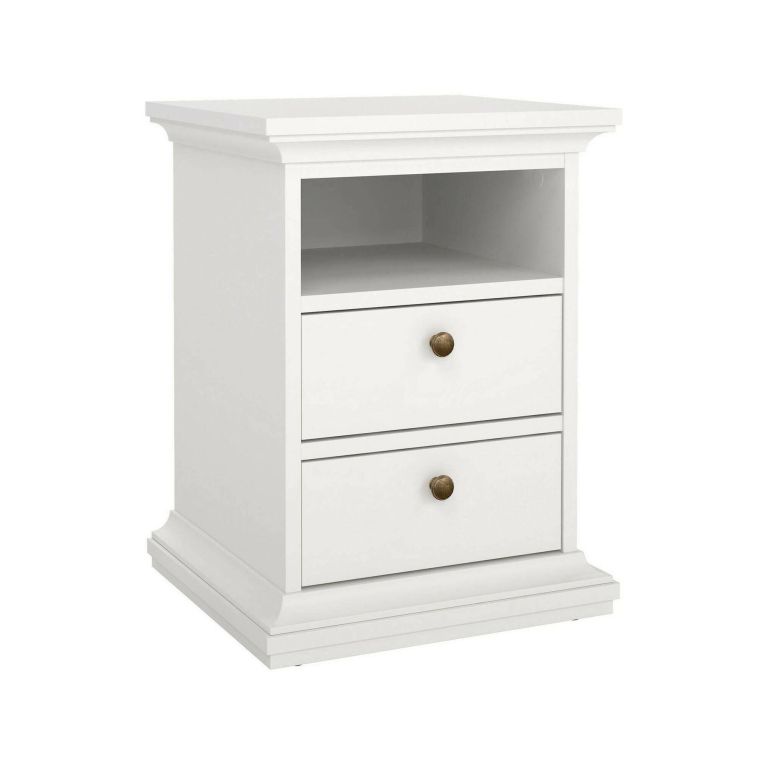 Comodino Arielle, Comò basso, Tavolino da notte, Mensola da letto, 44x40 h59 cm, Bianco