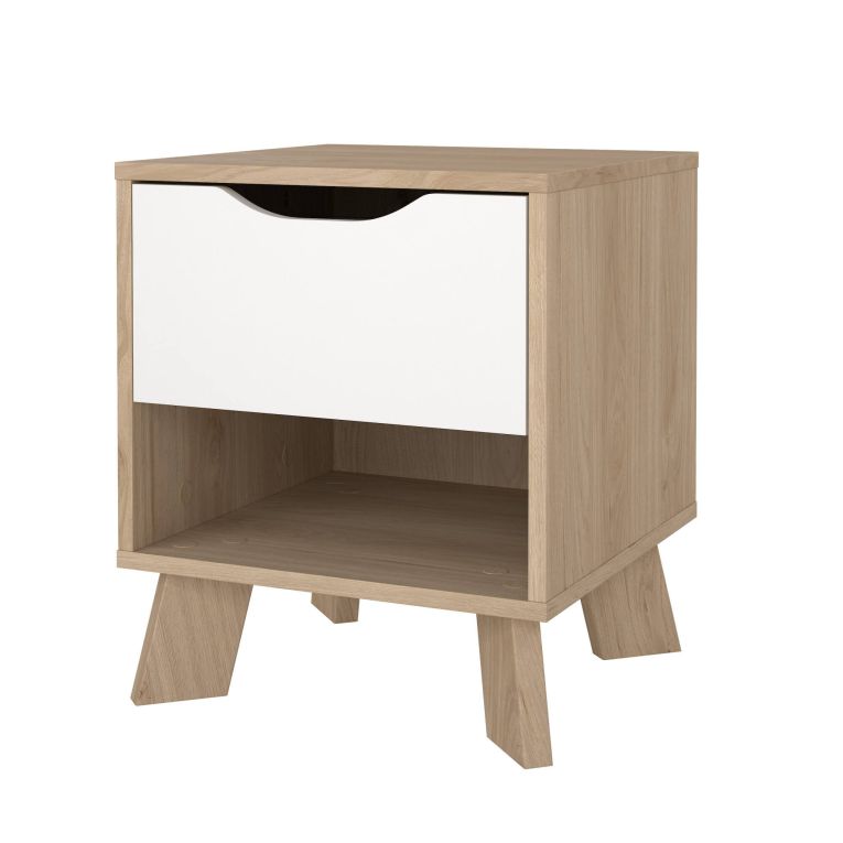 Comodino Aureli, Comò basso, Tavolino da notte, Mensola da letto, 40x40 h47 cm, Rovere e Bianco