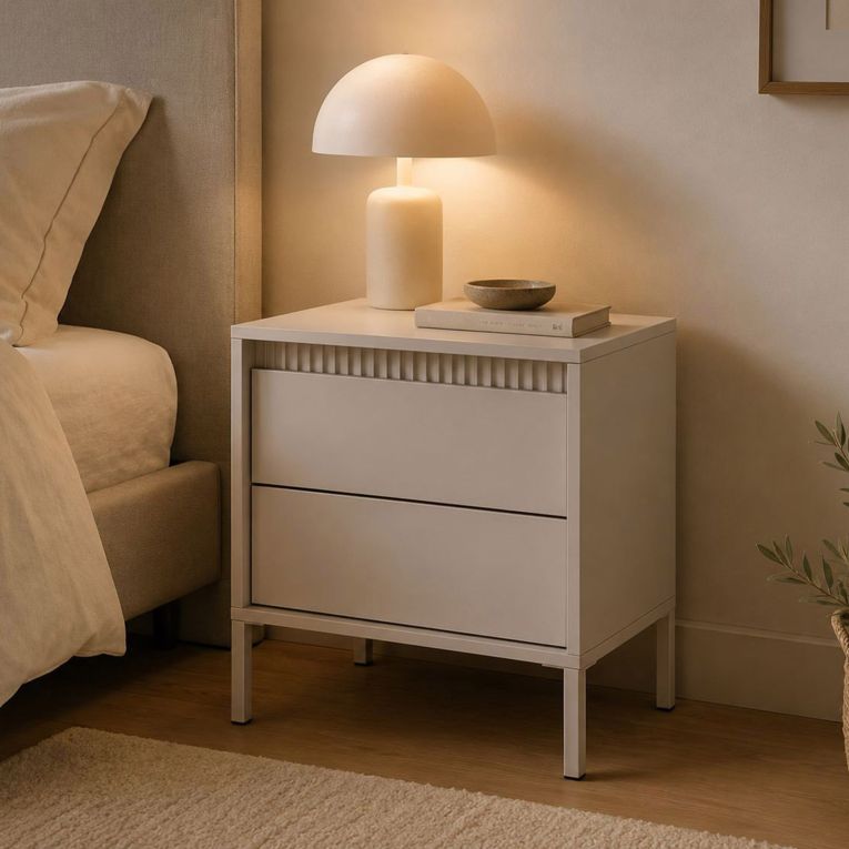 Comodino Beige 2 Cassetti un Ripiano 54x40x56h cm, Apertura Scorrevole - Gasalisa