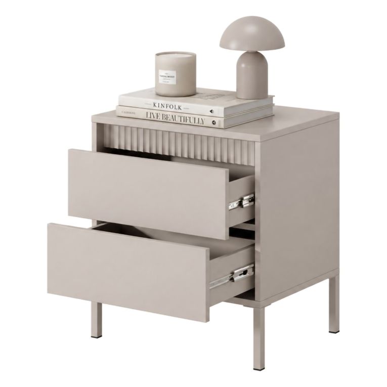 Comodino Beige 2 Cassetti un Ripiano 54x40x56h cm, Apertura Scorrevole - Gasalisa